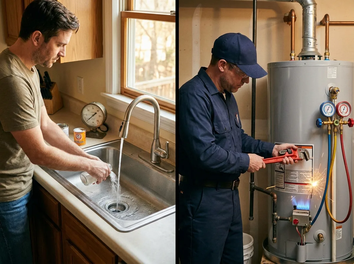 Split image comparing a homeowner doing DIY drain maintenance and a professional plumber servicing a water heater