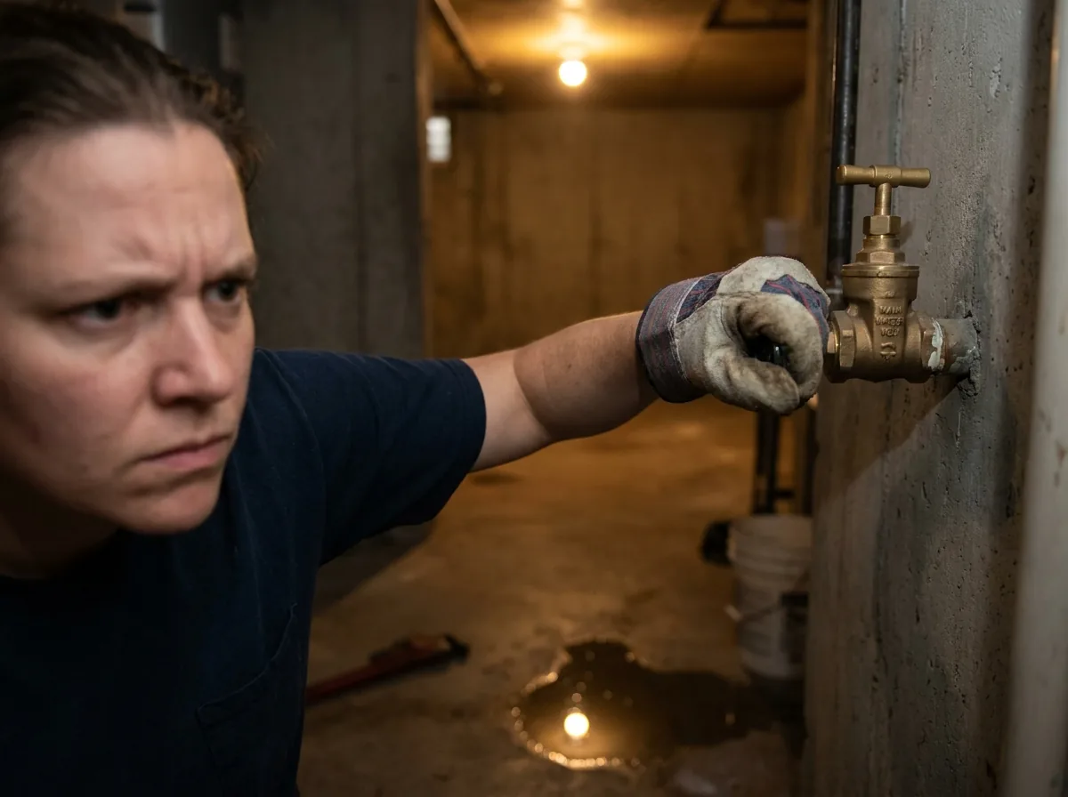 Homeowner shutting off the main water supply valve during a plumbing emergency