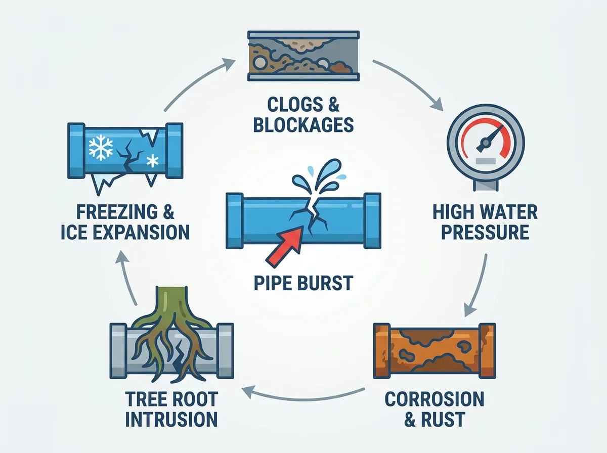 Infographic showing the six most common causes of pipe bursts: freezing, high pressure, corrosion, clogs, tree roots, and water hammer