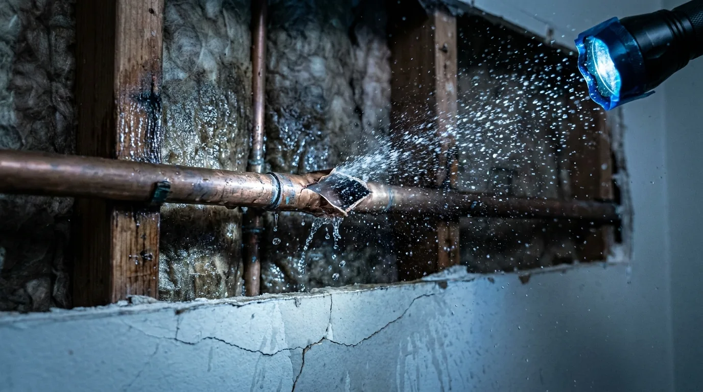 Copper pipe bursting and spraying water inside a wall cavity