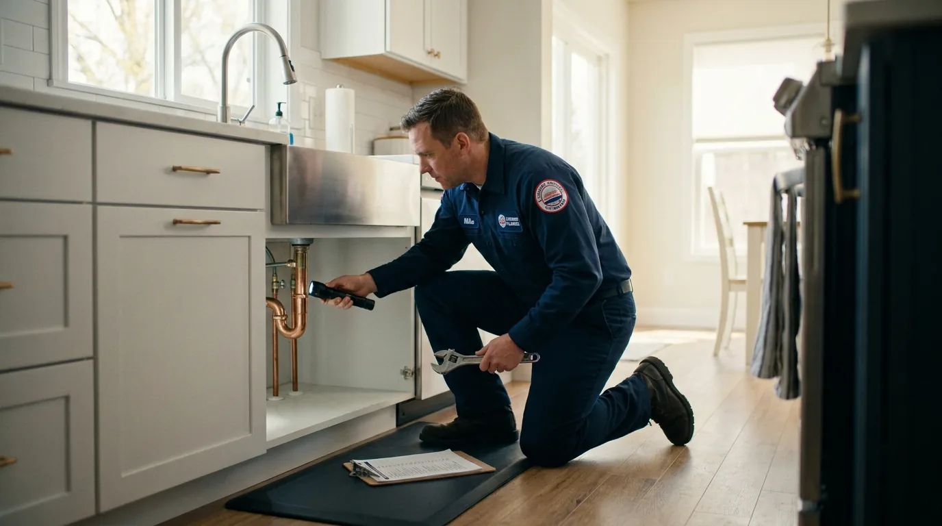 Licensed plumber inspecting pipes under a kitchen sink during a routine maintenance visit