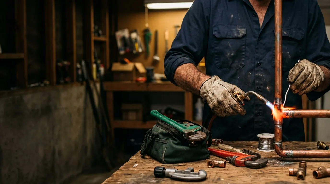 Licensed plumber at work on copper pipes in Riverside, CA