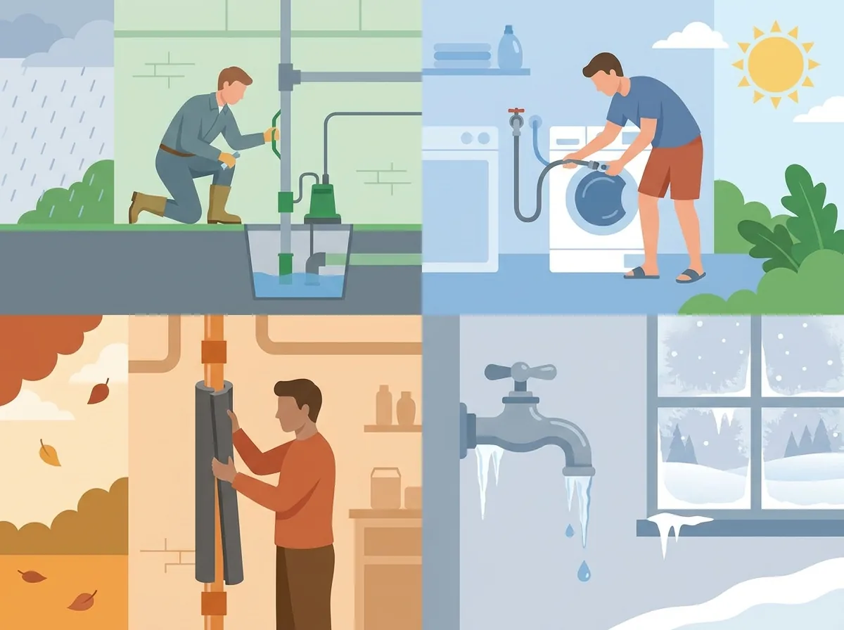Illustrated seasonal plumbing maintenance checklist for spring, summer, fall, and winter